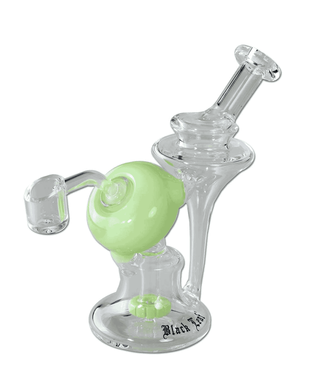 Frontansicht der recyclebaren Bong aus Borosilikatglas mit grünem Duschkopfperkolator und Black Leaf Logo