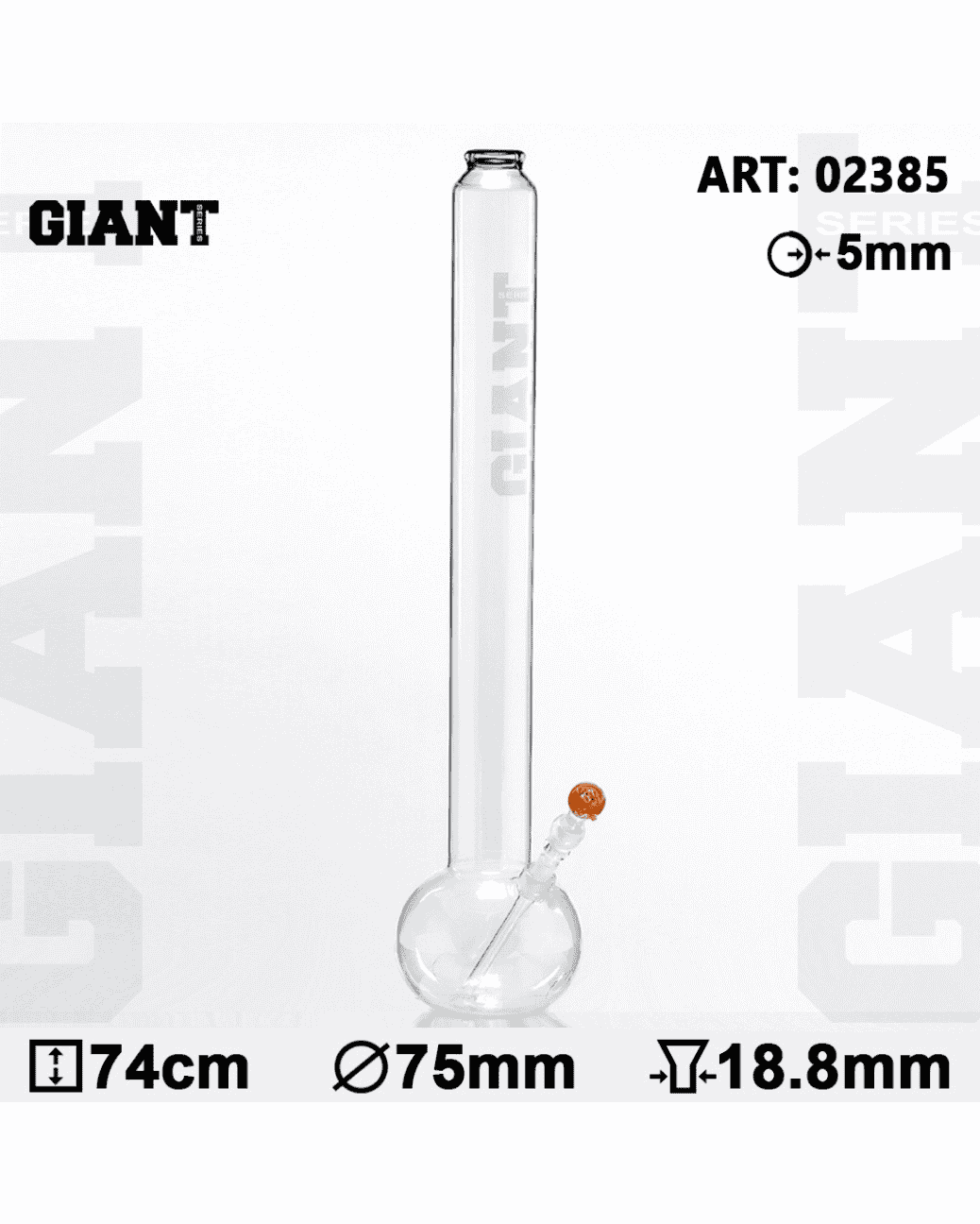 Komplettansicht der Giant Bouncer Glasbong mit einer Höhe von 74 cm und 75 mm Durchmesser.