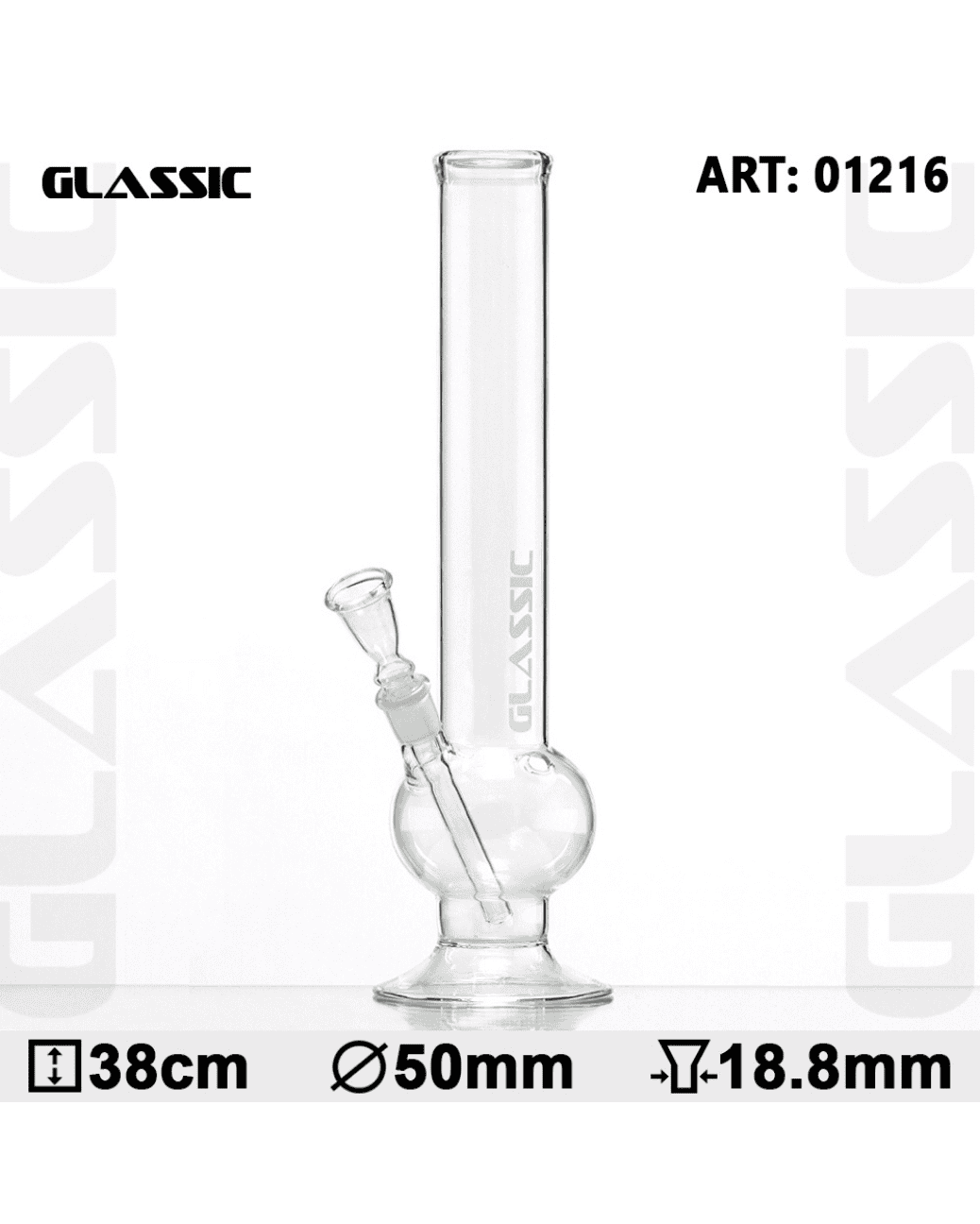 Gesamtansicht der Glassic Bouncer Glasbong mit 38 cm Höhe und 50 mm Durchmesser.