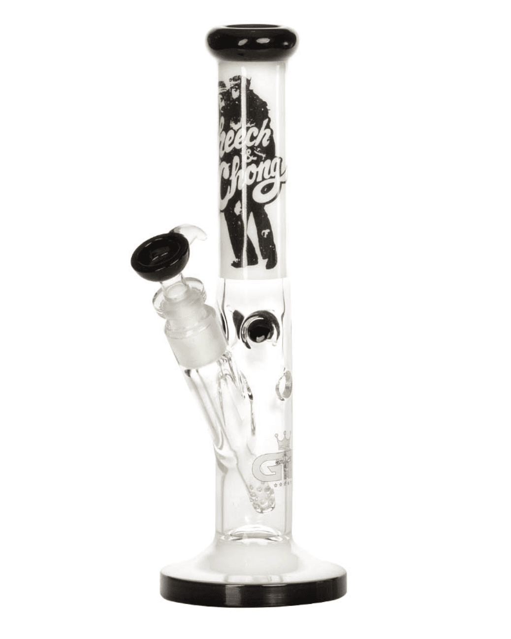 Gesamtansicht der Cheech & Chong Bong aus Borosilikatglas mit grünem Boden und Kunstwerk am oberen Ende.
