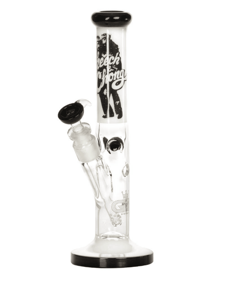 Gesamtansicht der Cheech & Chong Bong aus Borosilikatglas mit grünem Boden und Kunstwerk am oberen Ende.