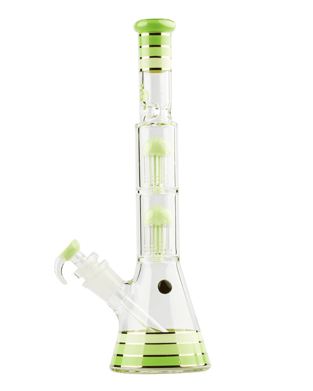 Seitenansicht der Grace Glass Golden Line Green Beaker Bong, die die elegante Form und das goldene Design zeigt