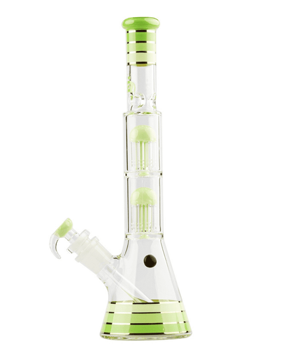 Seitenansicht der Grace Glass Golden Line Green Beaker Bong, die die elegante Form und das goldene Design zeigt