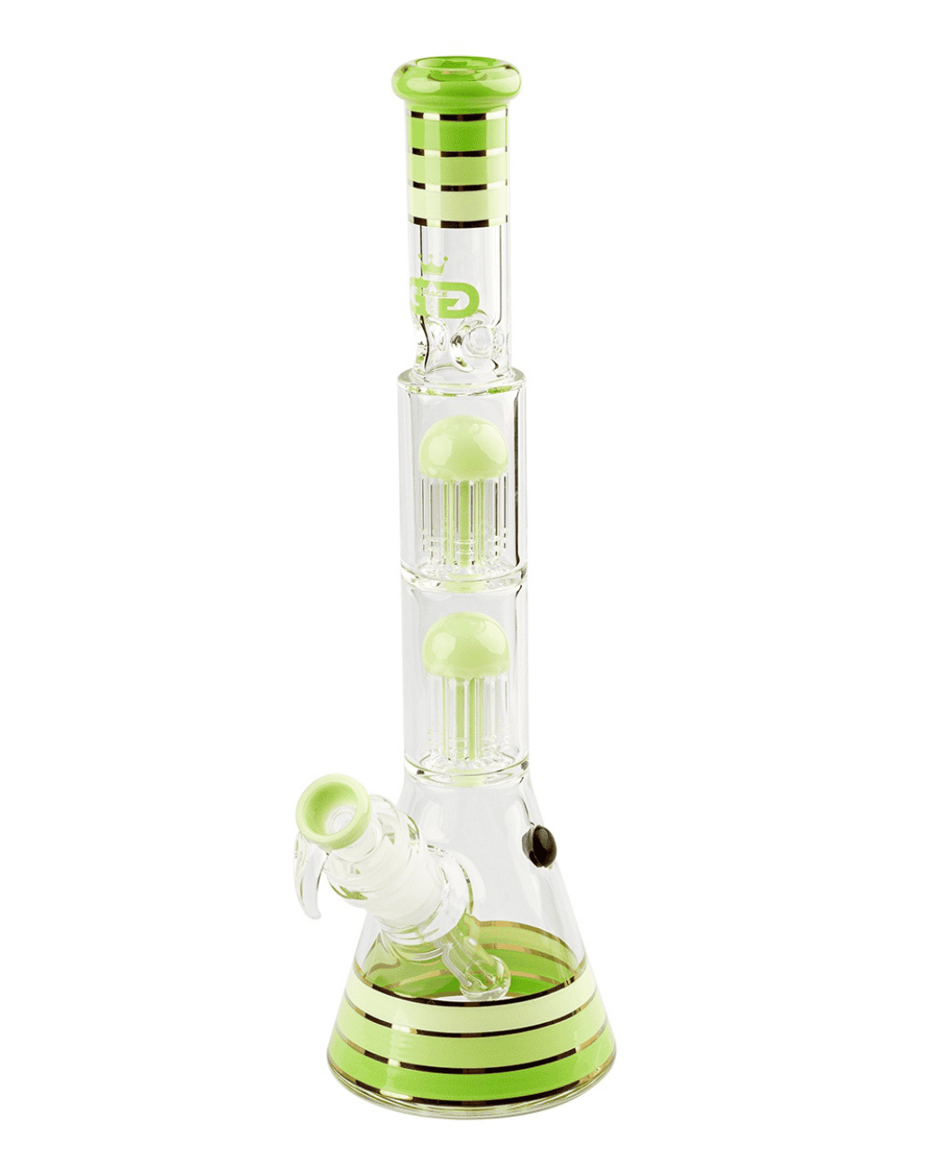 Vorderansicht der Grace Glass Golden Line Green Beaker Bong mit einer Höhe von 46 cm und einem Durchmesser von 50 mm