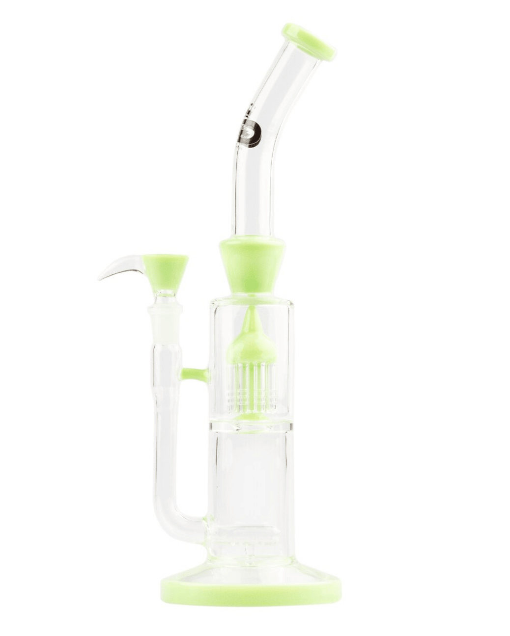 Nahaufnahme des robusten Glaskörpers der Grace Glass Green Barrel Bong, gefertigt aus 5 mm dickem Glas.