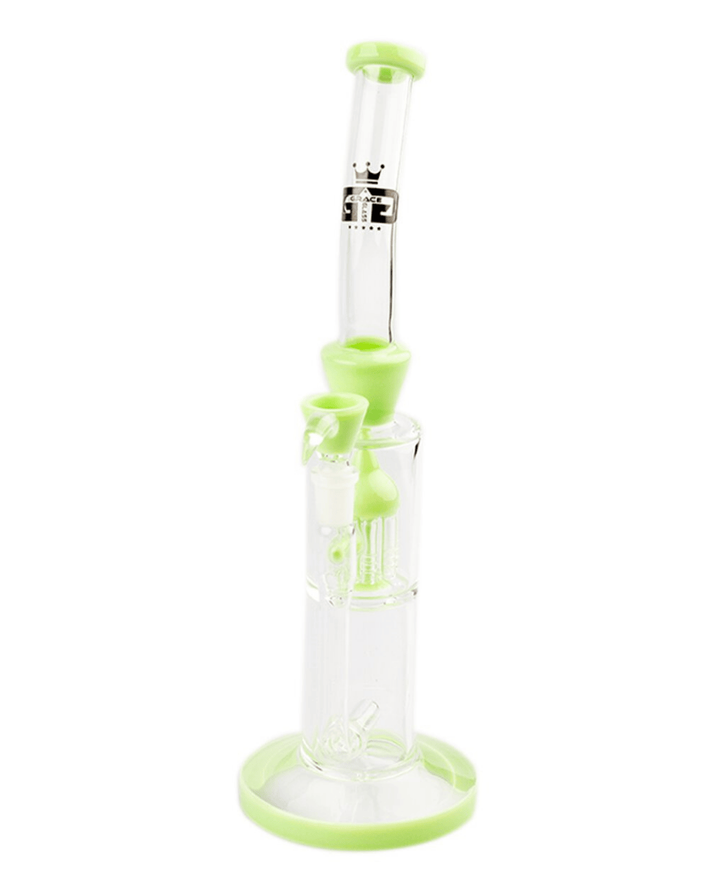 Gesamtansicht der Grace Glass Limited Edition Green Barrel Bong, 33 cm hoch, aus 5 mm dickem Glas.