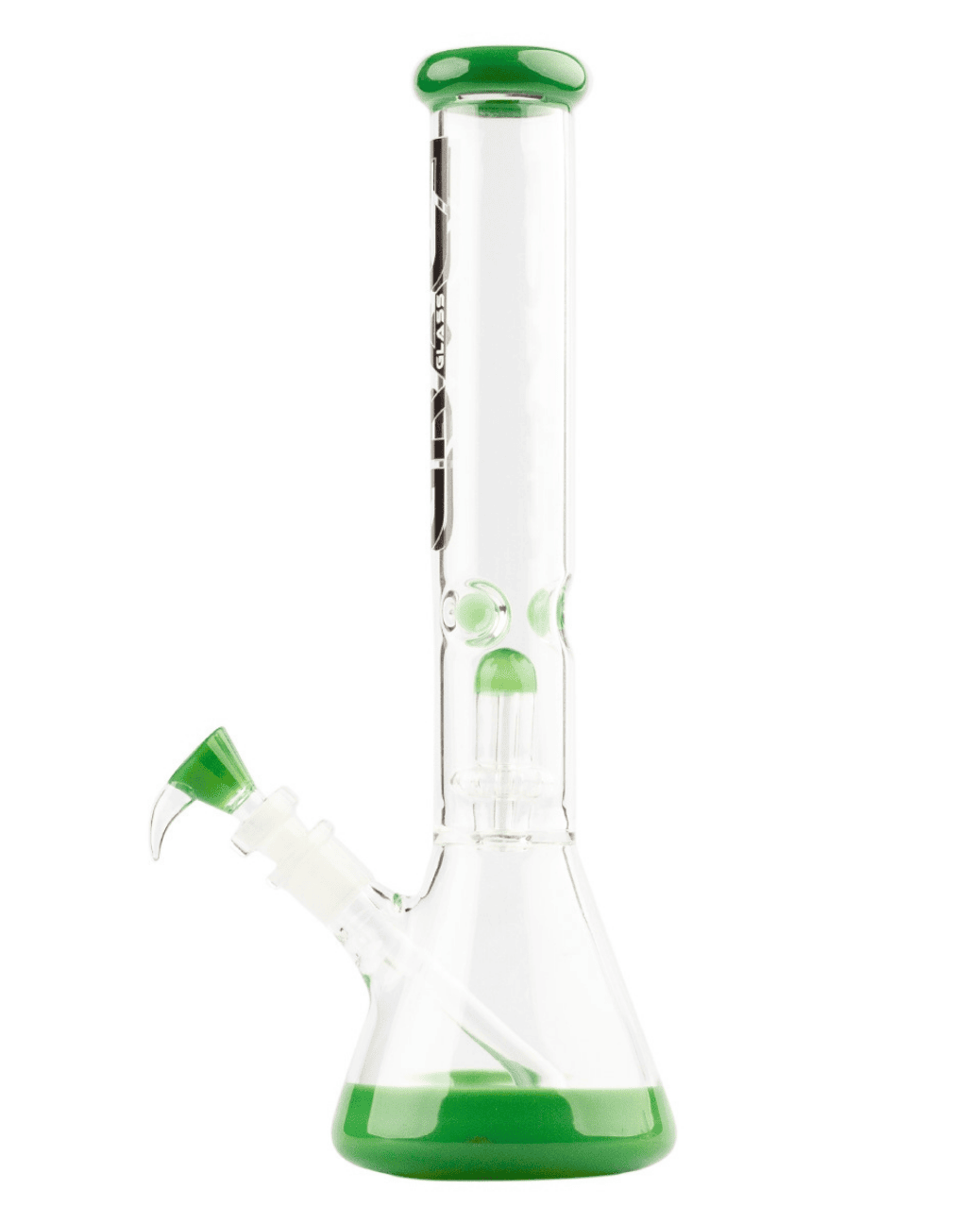 Seitenansicht der Grace Glass Limited Edition Green Beaker B Bong, 41 cm hoch mit 18,8 cm Sockel und 5 mm Glasstärke