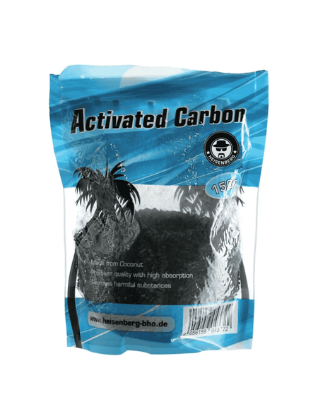Nahaufnahme der Heisenberg Aktivkohle 150g, hergestellt aus Kokosnuss, zeigt die hochwertige Körnung.