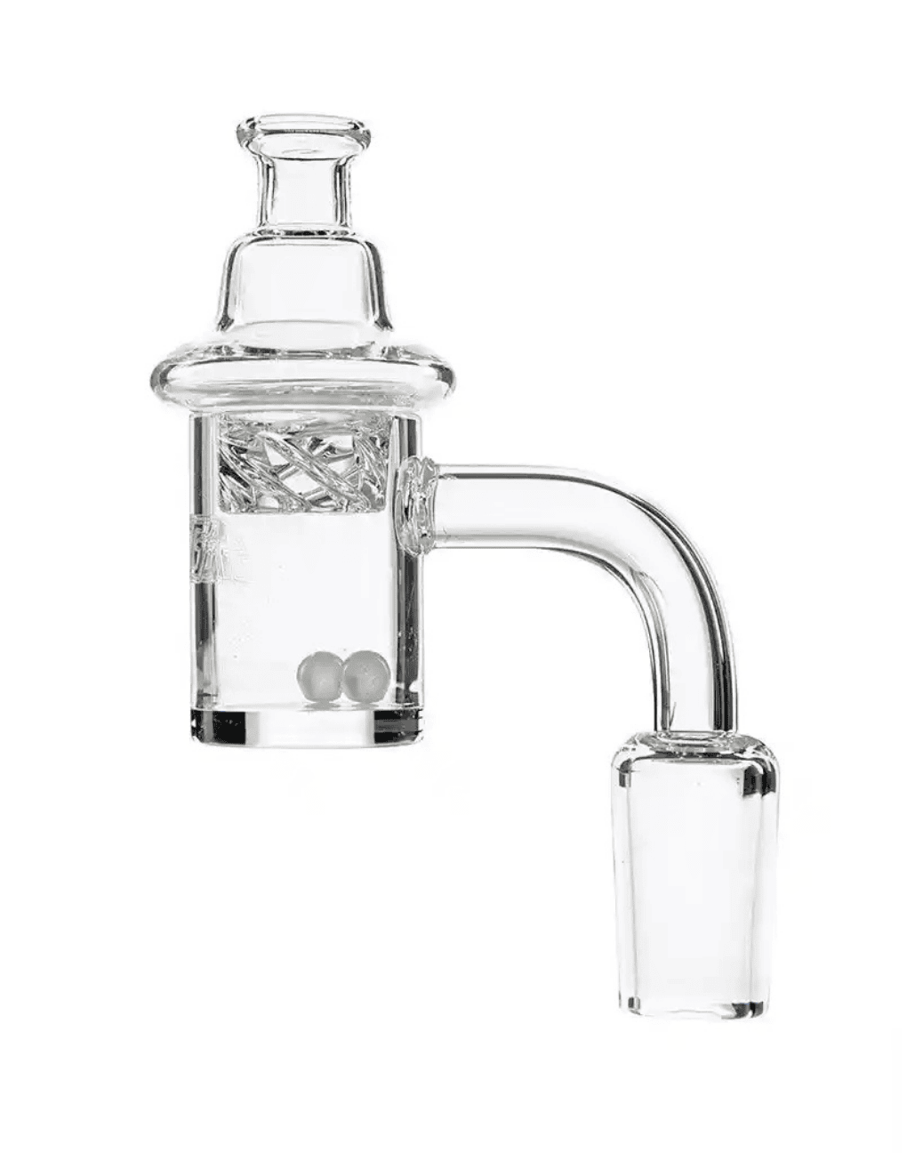 Nahaufnahme des Heisenberg Forge Dabbing Bangers mit 90-Grad-Anschlusswinkel aus Quarzglas