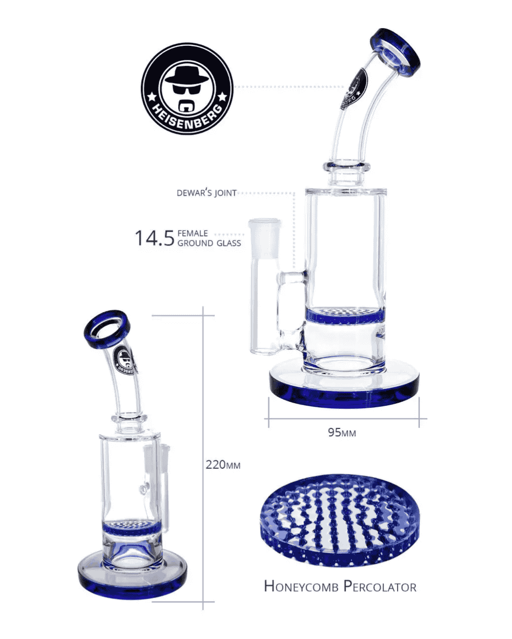 Schöne Honey_Dude_Blue_Glasbong mit passendem Head/Kopf von Heisenberg zum Rauchen von Kräutern.