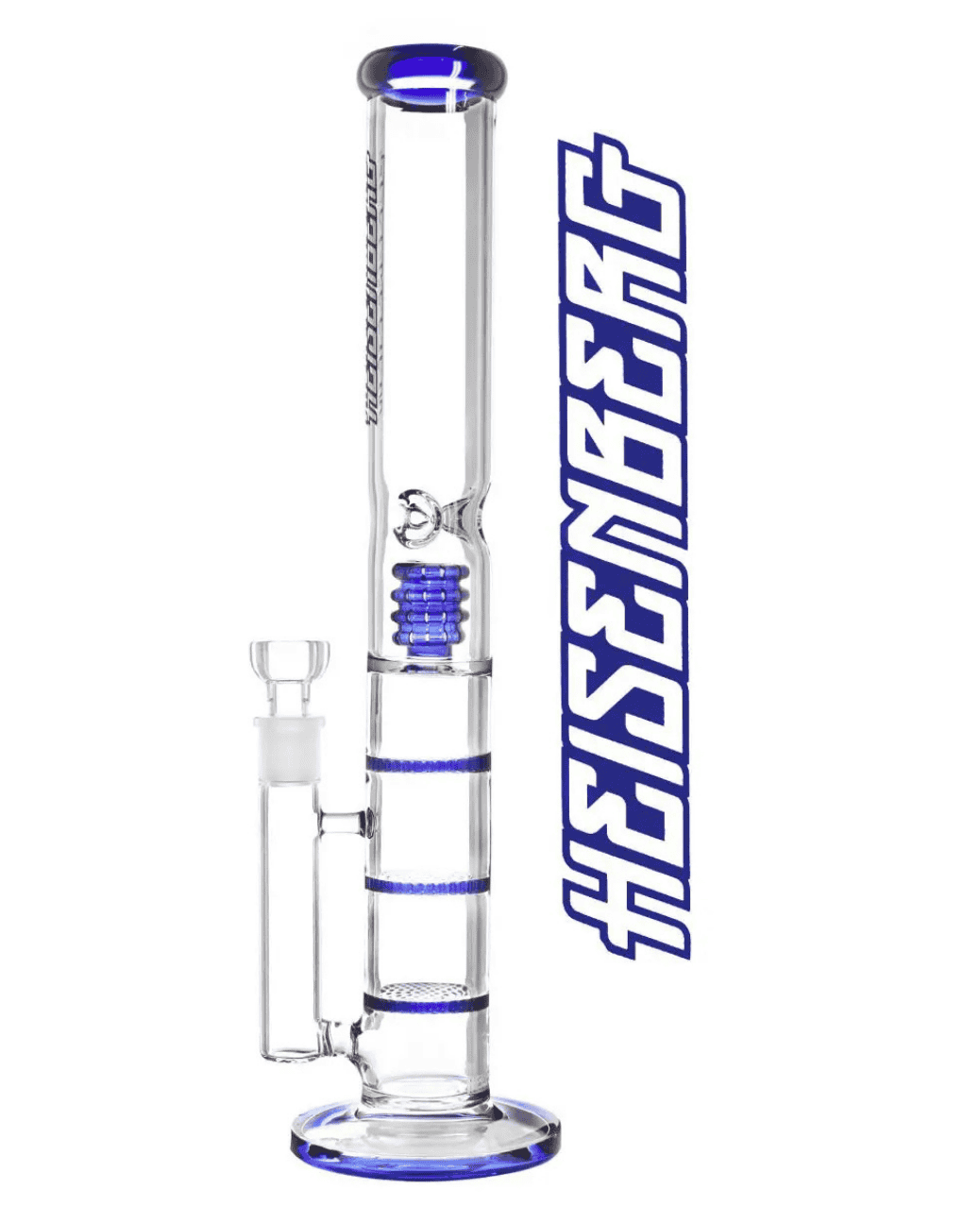 Gesamtansicht der Heisenberg Ocean Glasbong mit 3 blauen Honeycomb-Perkolatoren und einem blauen Drum-Perc.