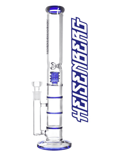 Gesamtansicht der Heisenberg Ocean Glasbong mit 3 blauen Honeycomb-Perkolatoren und einem blauen Drum-Perc.