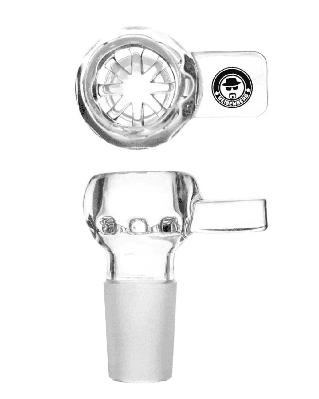 Vorderansicht des Heisenberg Standardkopfs mit Glassieb für 18.8er Bongs, aus klarem Borosilikatglas.