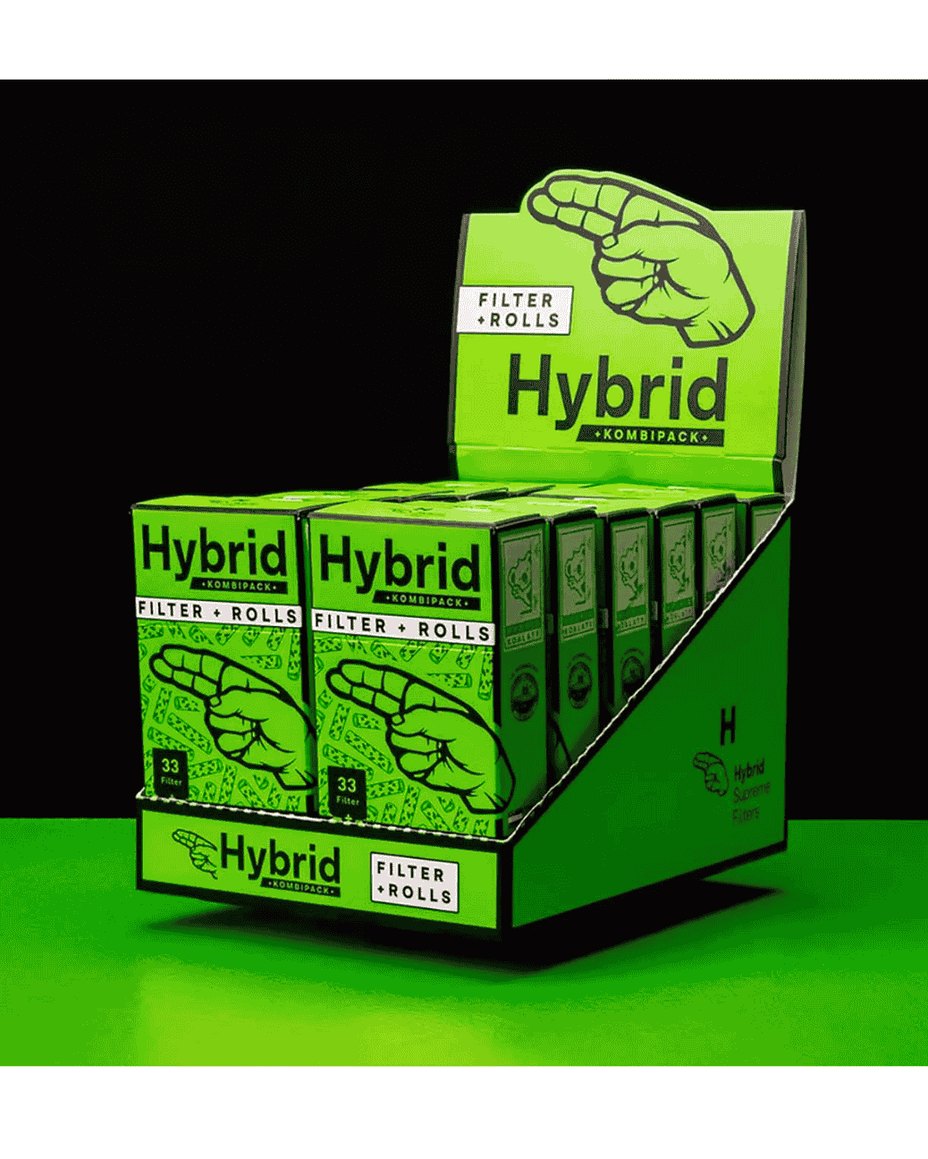 Vorderansicht des Hybrid Supreme Filters Filter + Rolls Kombipacks mit Verpackung und Produktdetails