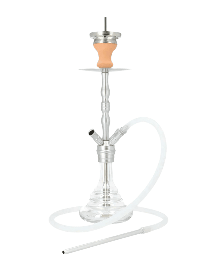 Schöne INVI Saros 500 Shiny Shisha (Silber-Clear) mit Schlauch, passendem Mundstück und Kopf. Zum Rauchen von Shishatabak.