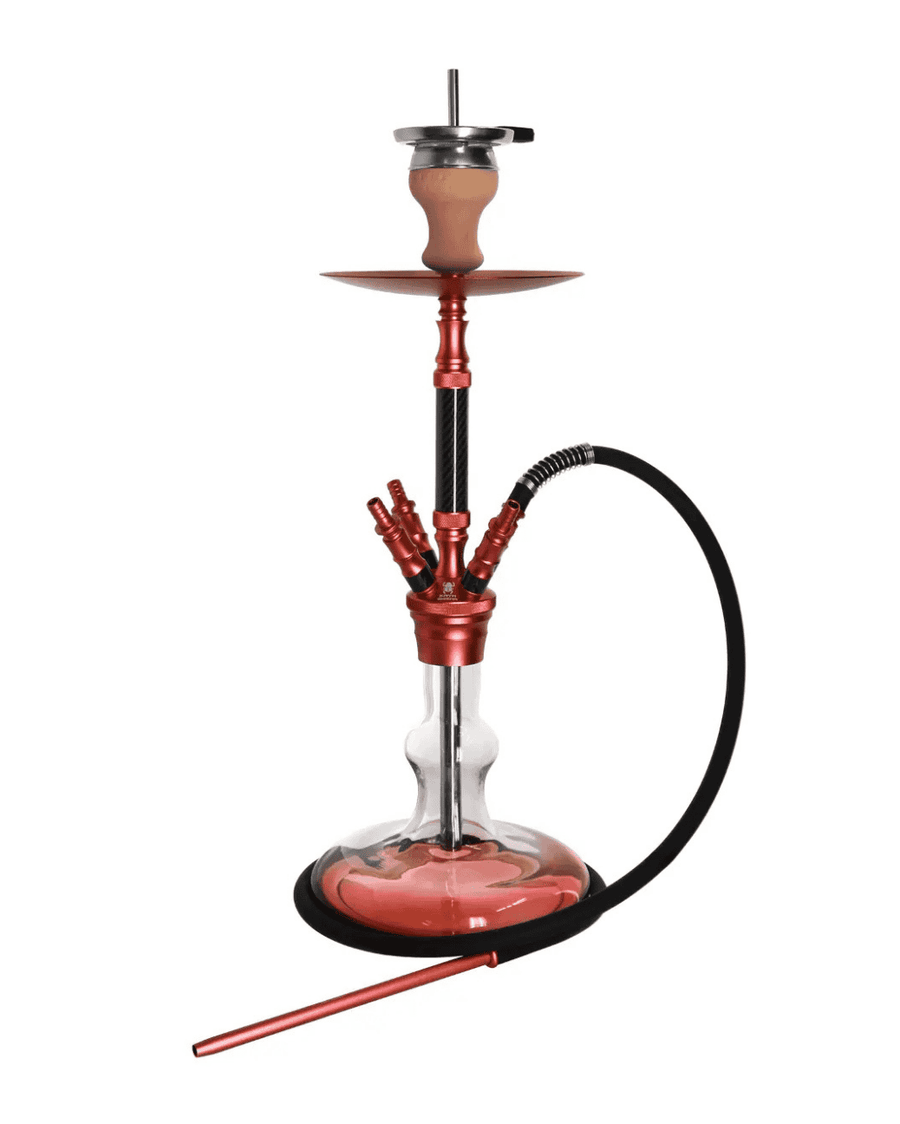 Elegante ELOX ECO Carbonia Shisha mit Schlauch, passendem Mundstück und Kopf in rot/schwarz. Zum Rauchen von Shishatabak.