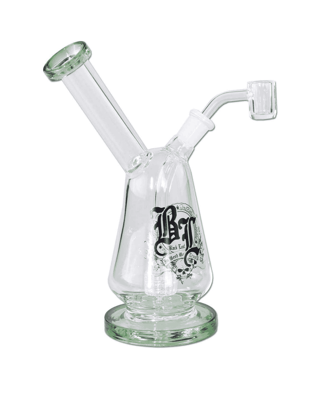 Vorderansicht der BL Ölpfeife/Dab Rig, klares Borosilikatglas, Trommelperkolator sichtbar