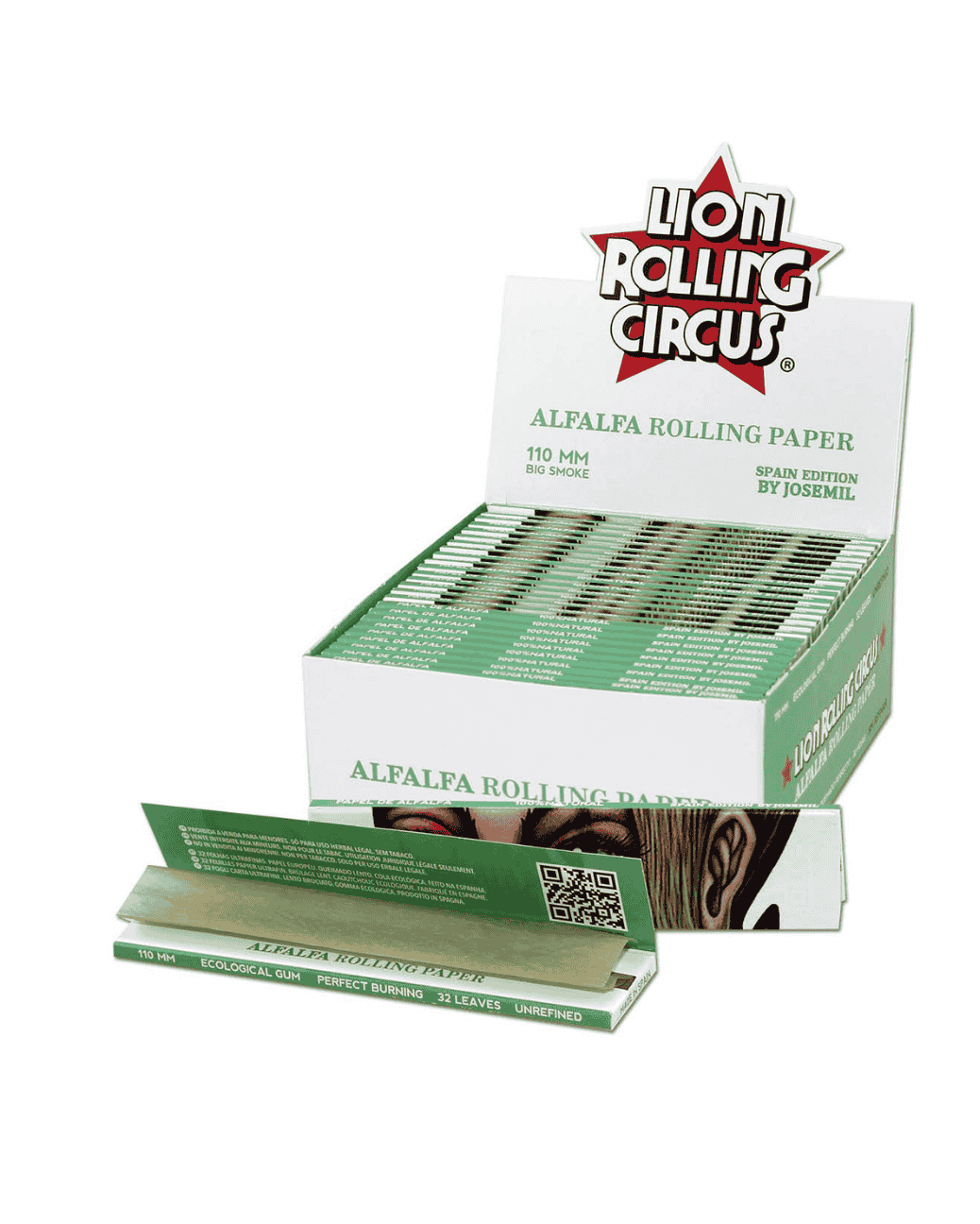Vorderansicht der Lion Rolling Circus Alfalfa Rolling Papers King Size Slim, ungebleicht und aus Holzfasern.