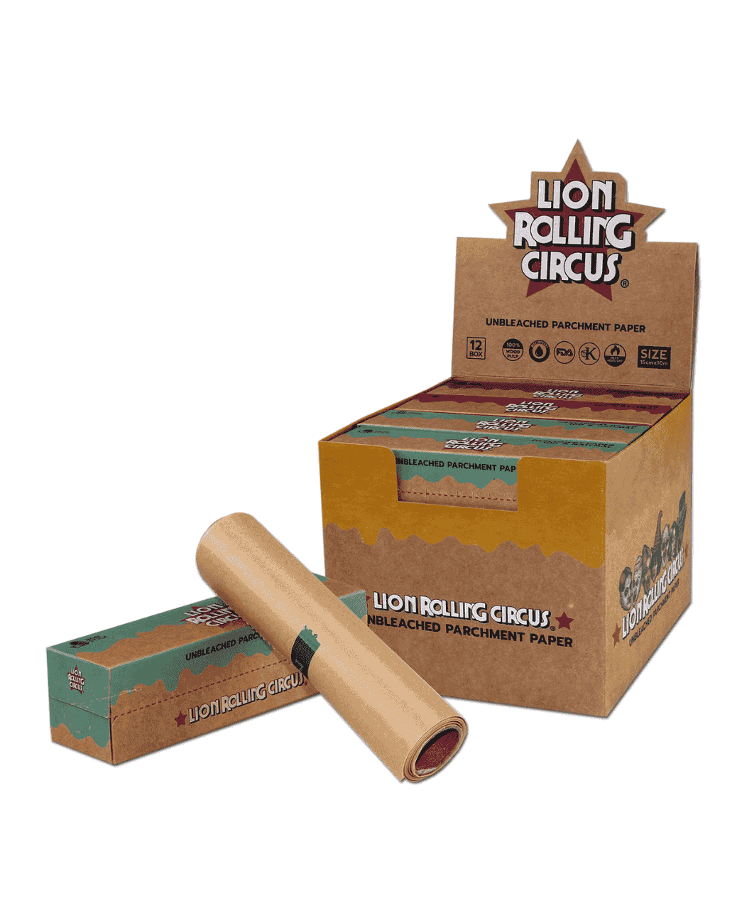 Vorderansicht des Lion Rolling Circus Pergamentpapiers, ungebleicht und silikonbeschichtet
