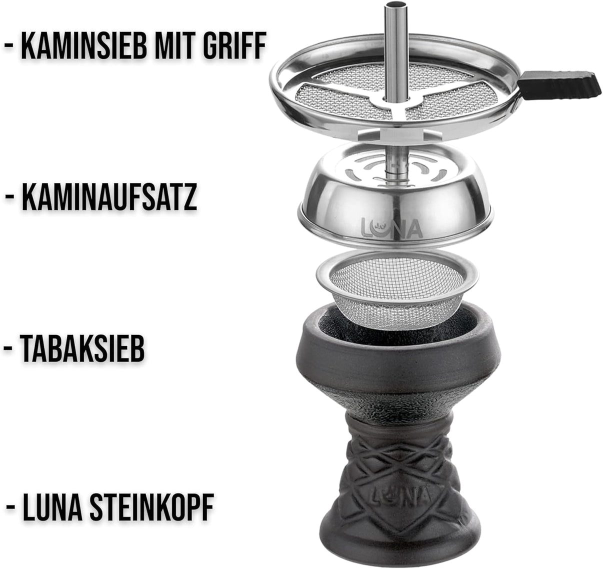 Schöne Luna Shisha Komplettset - Minima 2.0 (schwarz) mit Schlauch, passendem Mundstück und Kopf. Zum Rauchen von Shishatabak.