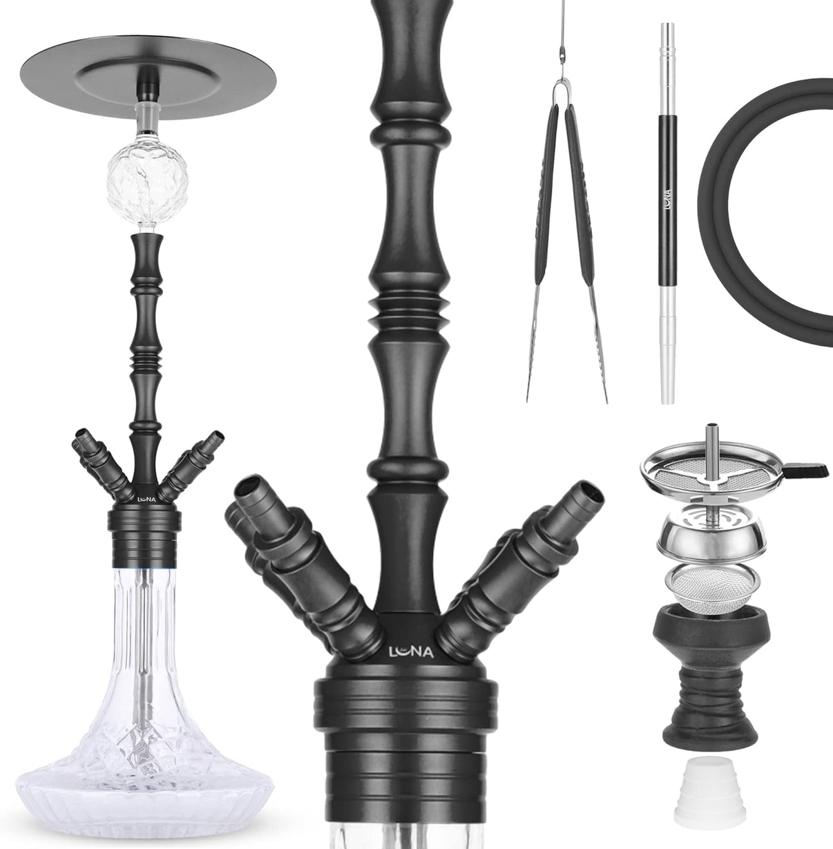Schöne Luna Shisha Komplettset - Praedo 2.0 (schwarz) mit Schlauch, passendem Mundstück und Kopf. Zum Rauchen von Shishatabak.