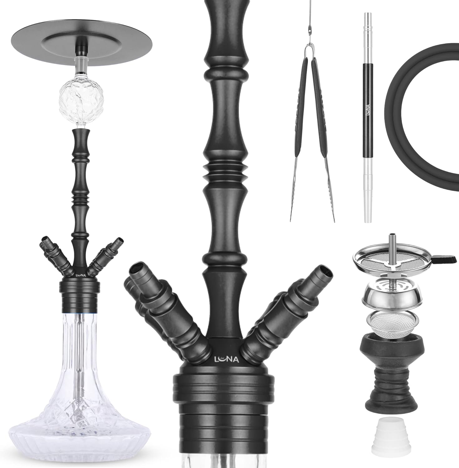 Schöne Luna Shisha Komplettset - Praedo 2.0 (schwarz) mit Schlauch, passendem Mundstück und Kopf. Zum Rauchen von Shishatabak.