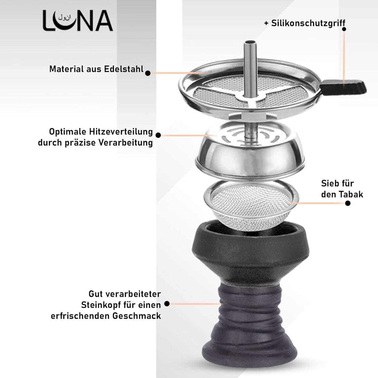 Schöne Luna Shisha Komplettset - Praedo 2.0 (schwarz) mit Schlauch, passendem Mundstück und Kopf. Zum Rauchen von Shishatabak.