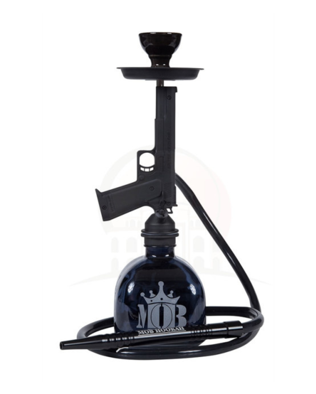 Nahaufnahme der MOB Pistolen-Wasserpfeife mit stilvoller Glasbasis, die das einzigartige Design hervorhebt.