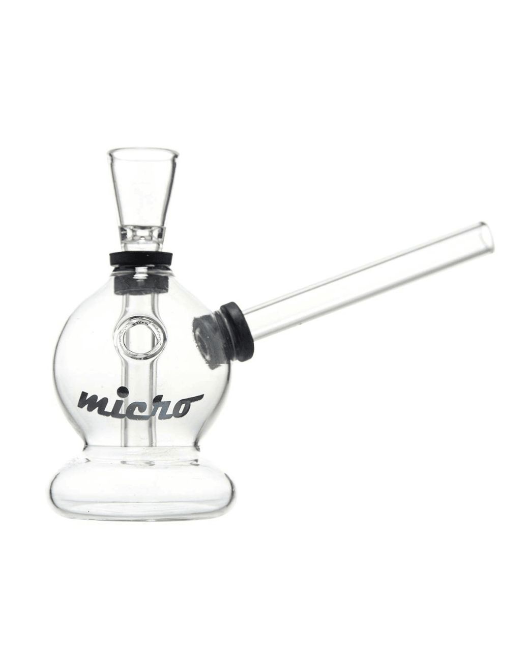 Nahaufnahme der Hauptkammer der Micro Glass Bong mit Micro-Logo und Sidecar-Flare-Mundstück