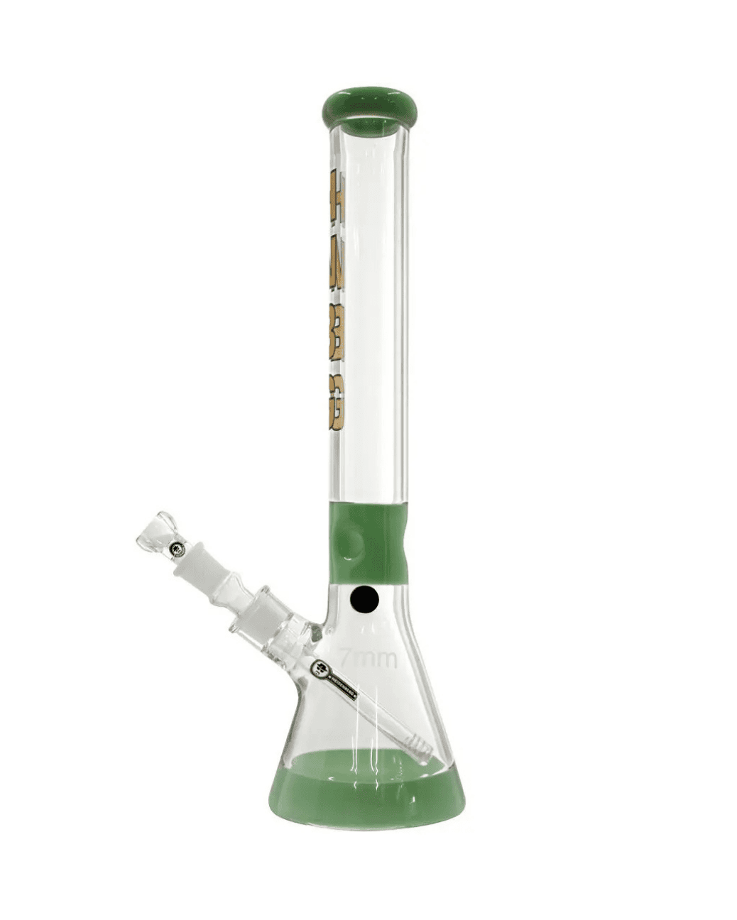 Schöne Mighty Beaker Green Glasbong mit Eiskerben, Kickloch und passendem Head/Kopf von Heisenberg zum Rauchen von Kräutern.