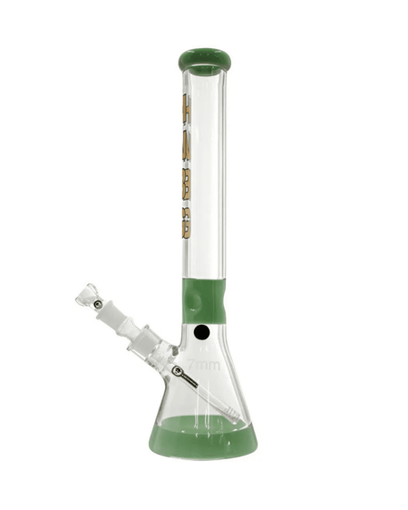Schöne Mighty Beaker Green Glasbong mit Eiskerben, Kickloch und passendem Head/Kopf von Heisenberg zum Rauchen von Kräutern.