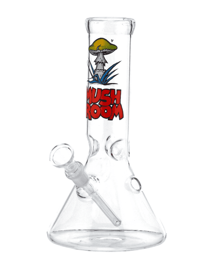 Seitenansicht der Mushroom Beaker Glasbong aus Borosilikatglas, 23 cm hoch, mit schwarzem Grace Glass-Logo.