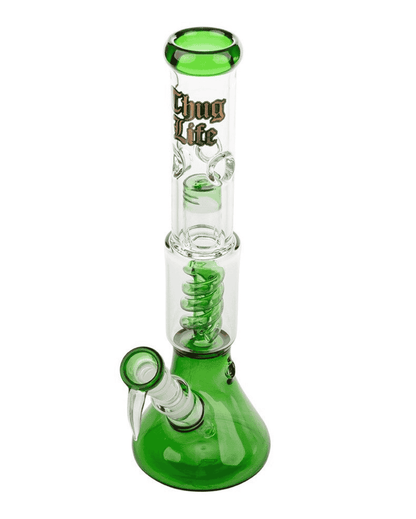 Detailansicht des bernsteinfarbenen spiralförmigen Perkolators der Thug Life OG Serie V2 Bong für zusätzliche Filterung.
