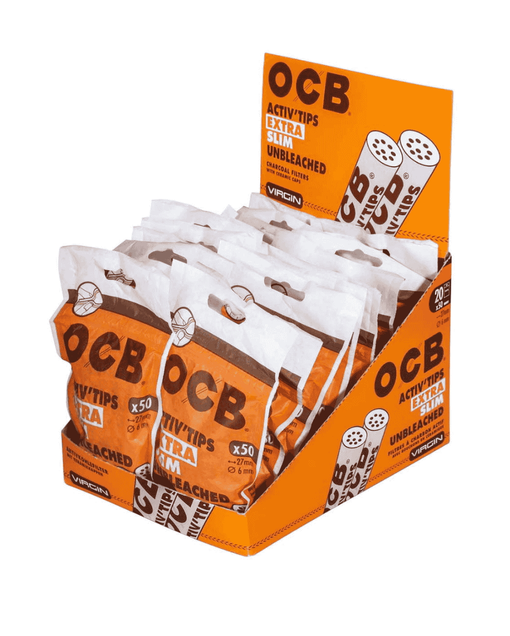 Frontansicht des OCB ACTIV TIPS Extra Slim Aktivkohlefilters, ungebleicht, 27mm lang und 6mm Durchmesser