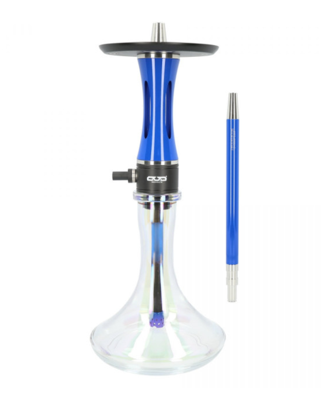 Detailansicht der Edelstahlkomponenten der OVO V2 DOPE 360 Shisha, einschließlich Mundstück und Diffusor