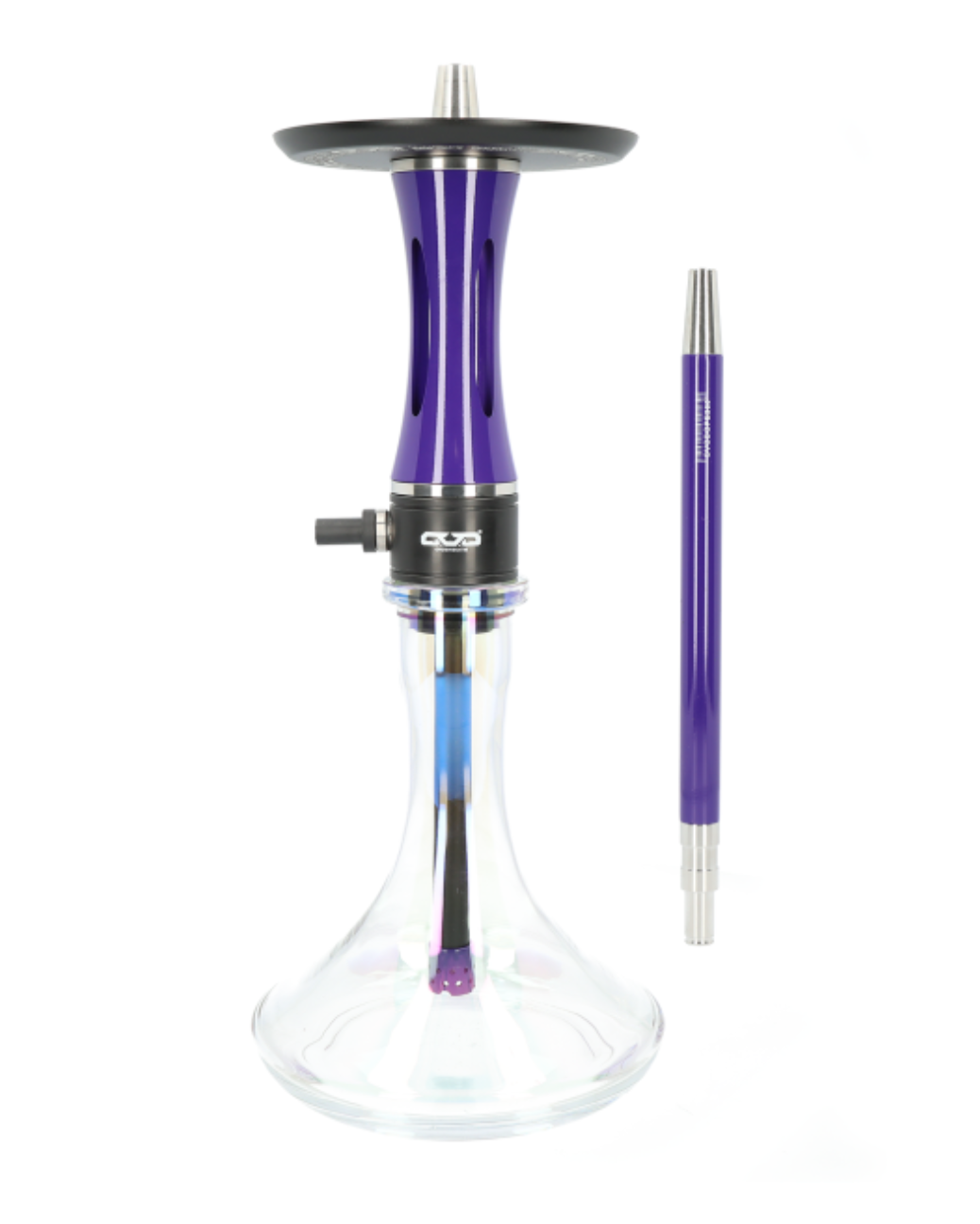 Detailansicht der Edelstahlkomponenten der OVO V2 DOPE 360 Shisha, einschließlich Mundstück und Diffusor