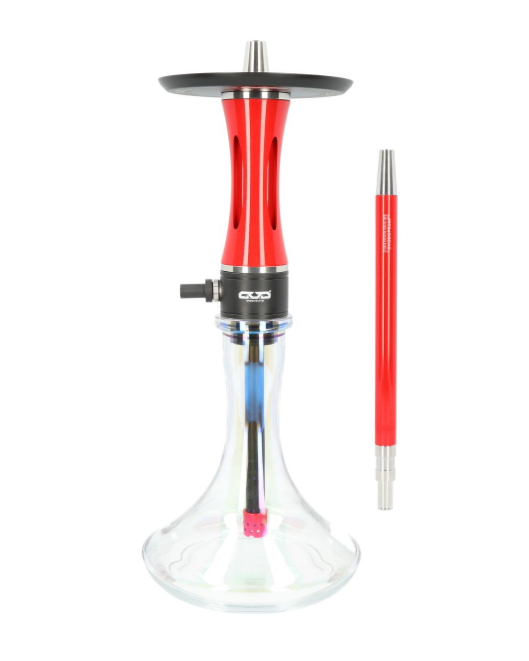 Detailansicht der Edelstahlkomponenten der OVO V2 DOPE 360 Shisha, einschließlich Mundstück und Diffusor