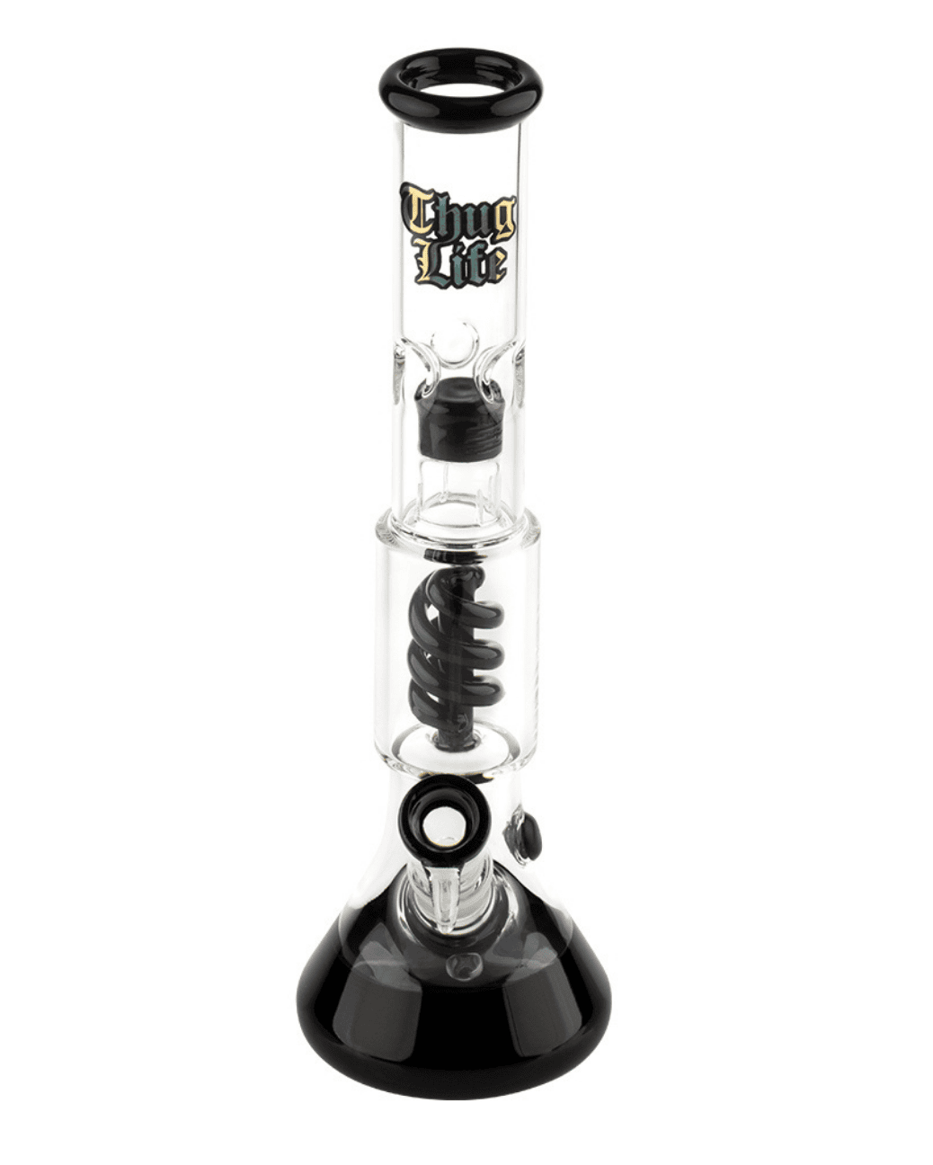 Nahaufnahme des schwarzen Spiral-Perkolators der Thug Life OG Serie V2 Bong für zusätzliche Rauchfilterung.
