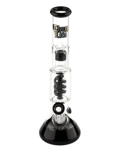 Nahaufnahme des schwarzen Spiral-Perkolators der Thug Life OG Serie V2 Bong für zusätzliche Rauchfilterung.