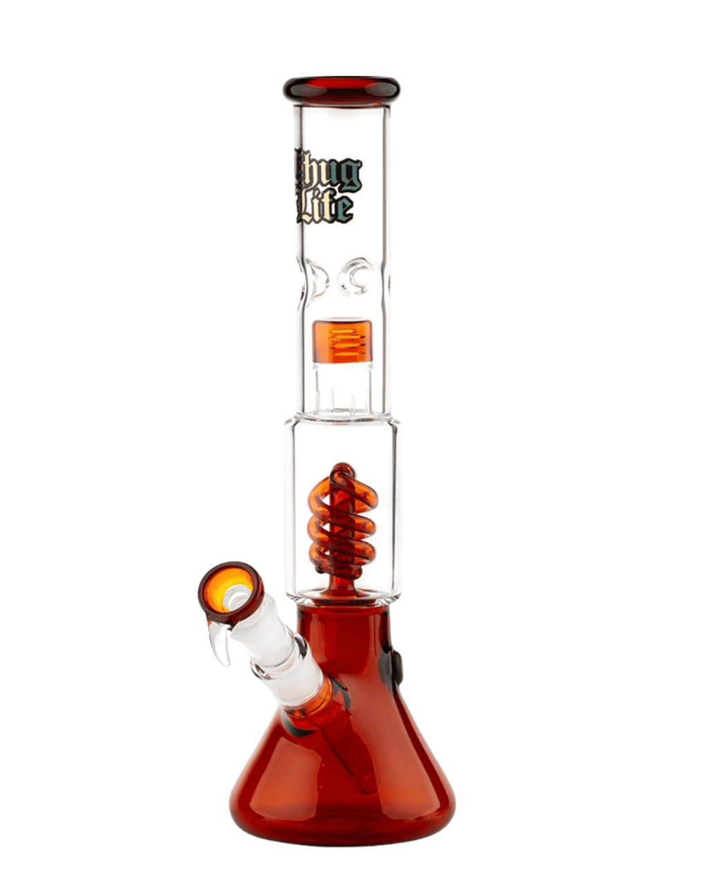 Detailaufnahme des bernsteinfarbenen spiralförmigen Perkolators der Thug Life OG Serie V2 Umber Bong für zusätzliche Filterung.