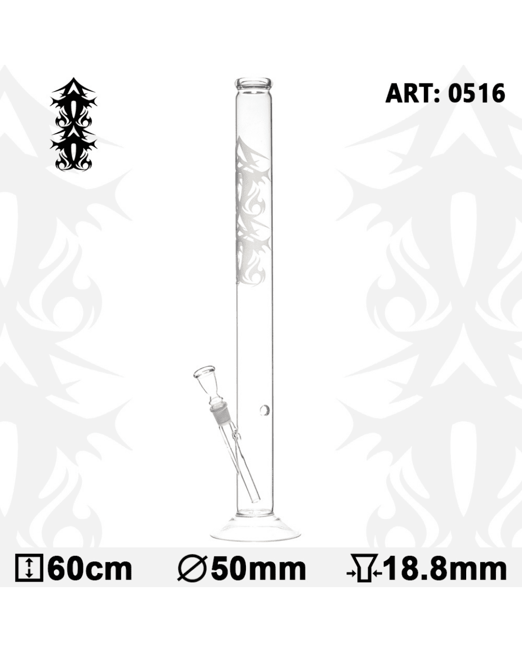 Nahaufnahme des Tribal-Tattoo-Logos auf der Glasbong, das die künstlerischen Details des Designs hervorhebt.