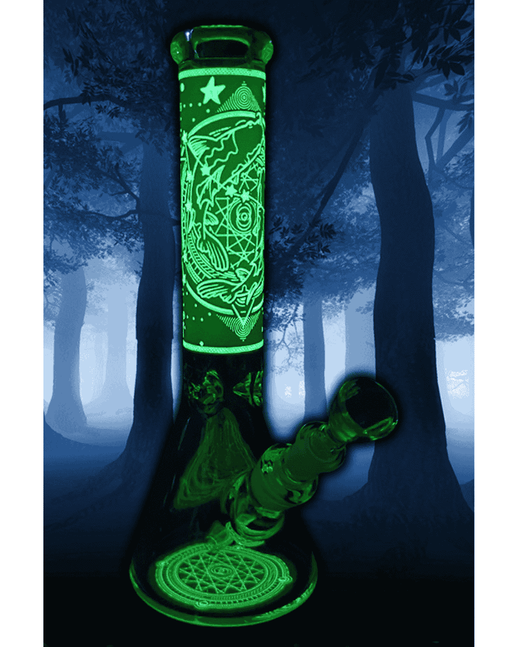 Frontansicht der Zodiac Green Bong mit Sternzeichen Fisch, leuchtet im Dunkeln.
