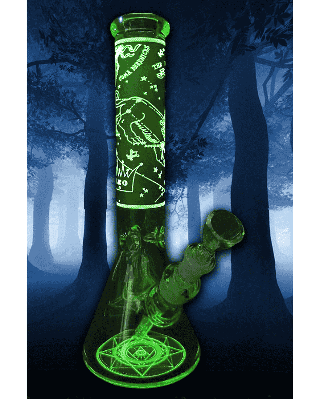 Bong Zodiac Olive in der Seitenansicht, 35cm hoch, aus 7mm dickem Borosilikatglas.