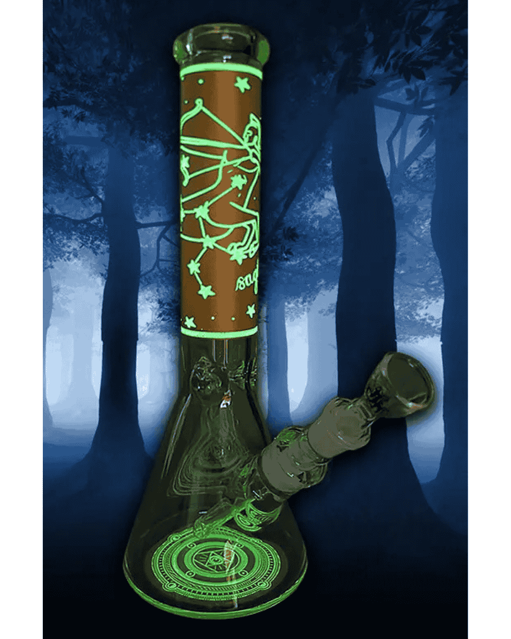 Seitenansicht der Zodiac Yellow Bong, die im Dunkeln leuchtet, Sternzeichen Schütze, 35cm, Borosilikatglas