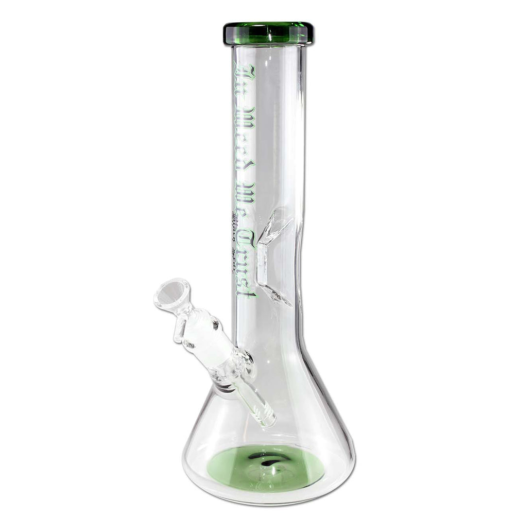 Beakerbong 32,5 cm mit grünem Black Leaf Logo "In Weed We Trust"
