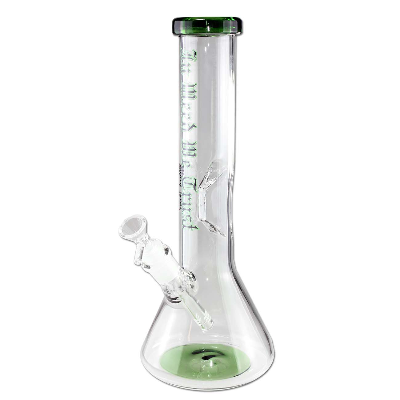 Beakerbong 32,5 cm mit grünem Black Leaf Logo "In Weed We Trust"