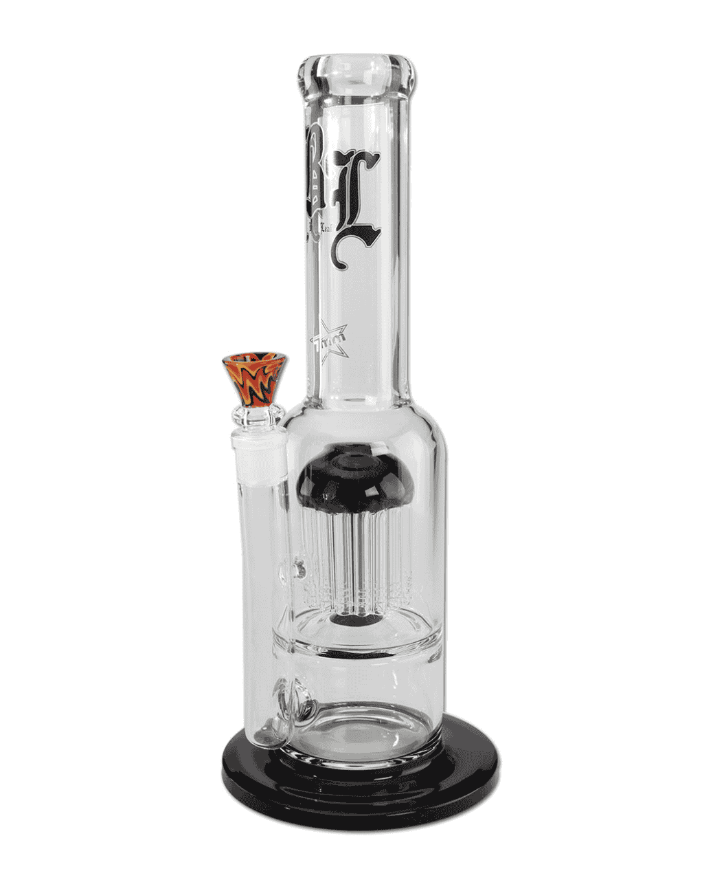 Frontalansicht der Black Leaf Glasbong mit 24-Arm Baumperkolator