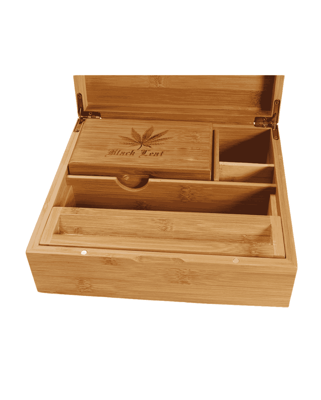 Geschlossene Black Leaf Stoner Box mit Hanfblatt-Motiv aus Bambus