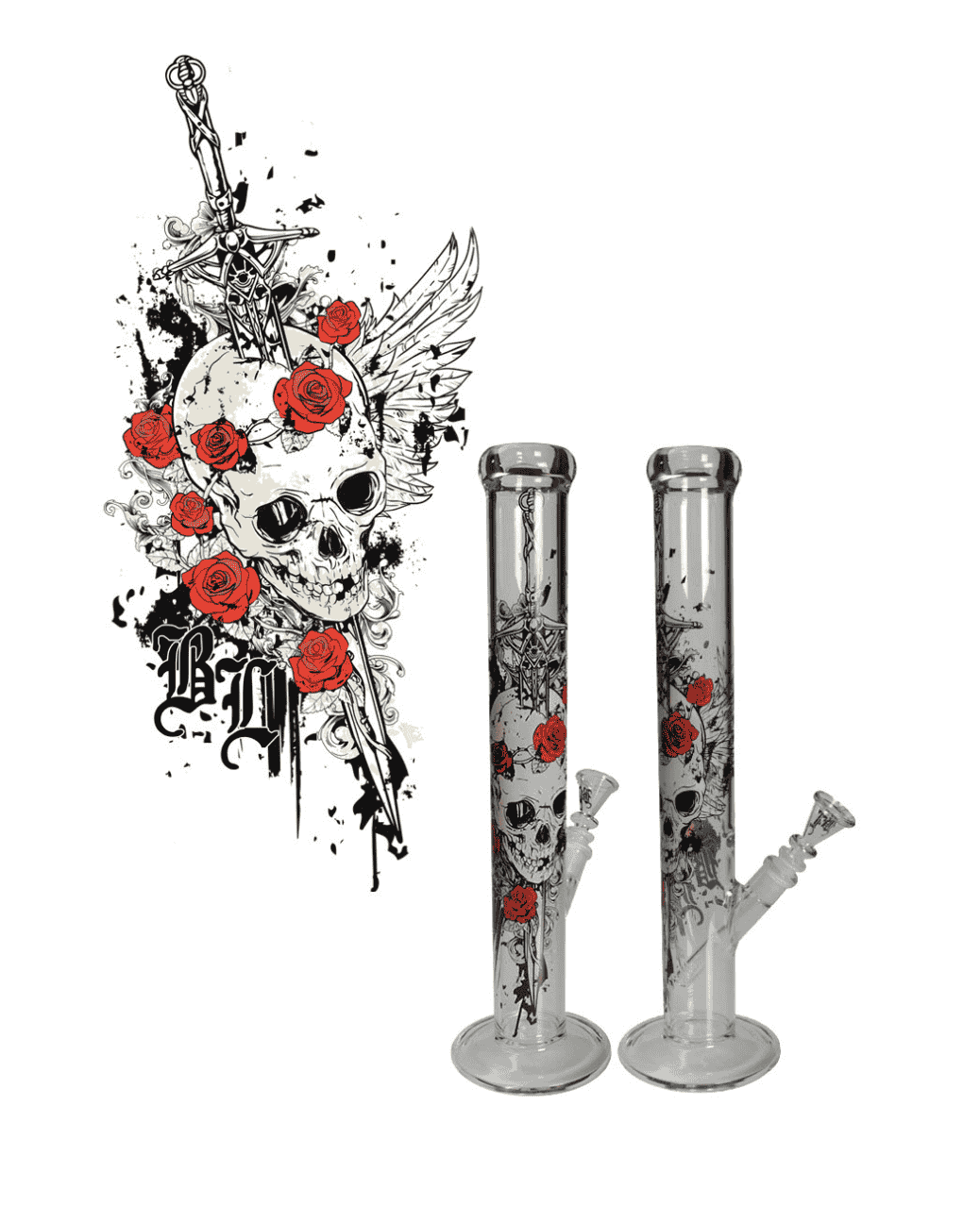 Zylinderbong von Black Leaf mit Schädelmotiv in Rot und Schwarz