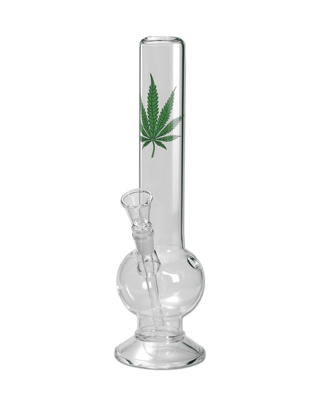 BREIT Glasbong mit grünem Hanfblatt – 400mm hoch, mit Kickloch & Chillum